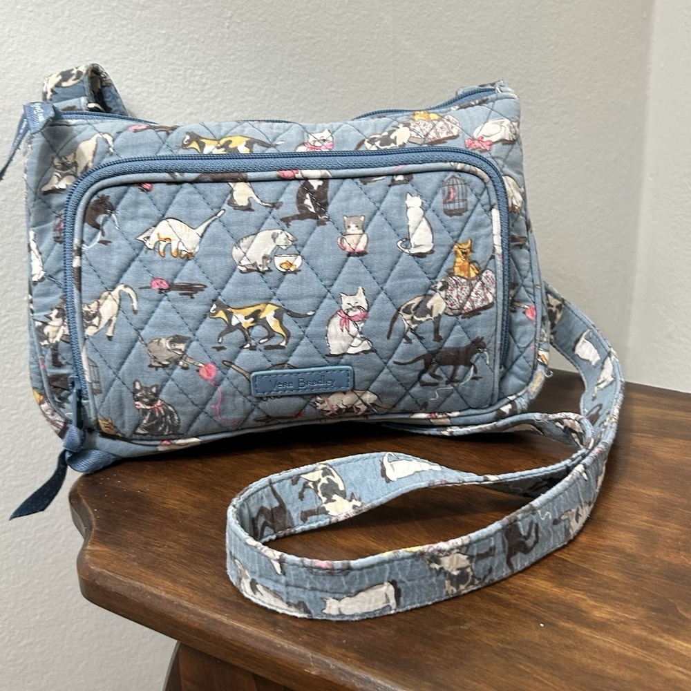 Vera Bradley Cat's Meow Little Hipster Retired Pattern HTF Light Blue Vintage
